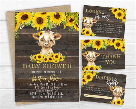 Sunflower Highland Cow Baby Shower Invitation Baby Calf Etsy