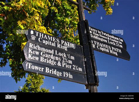 Sign Post On Thames Riverside Path Richmond Richmond Upon Thames