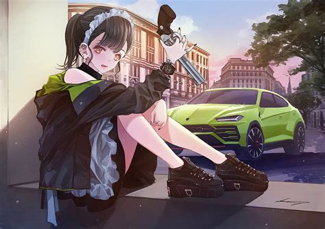 5k Free Download Anime Original Car Girl Gun Lamborghini Maid