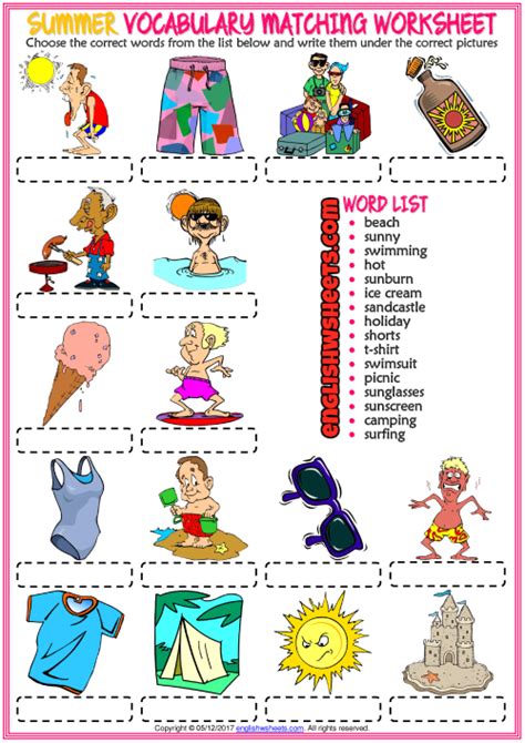Summer Esl Vocabulary Matching Exercise Worksheet Summer Vocabulary