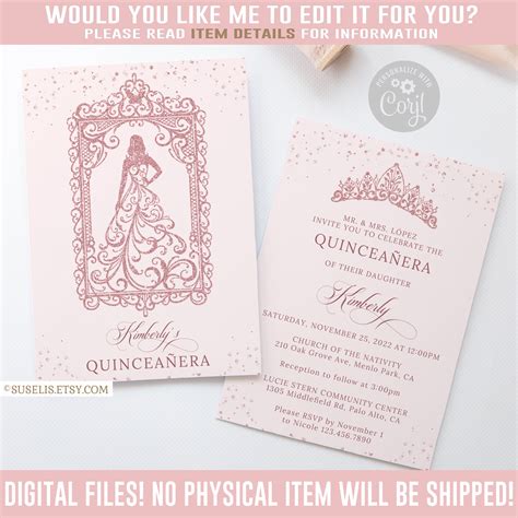 Paper Quinceanera Invitation Rose Gold Watercolor Pink Dress Glitter