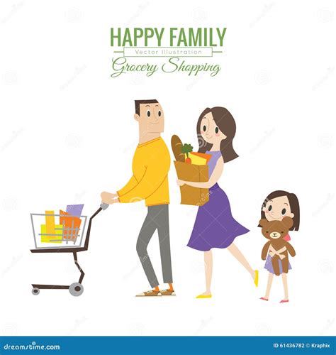 Happy Family in Grocery Store with Shopping Cart Stock Vector