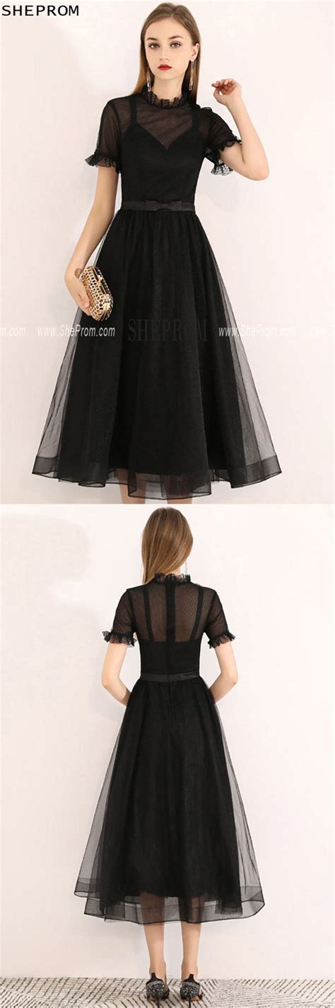 Retro Black Tulle Midi Party Dress With Short Sleeves Best Party