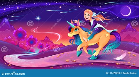 Happy Girl Is Riding The Unicorn Following Her Star Stock Vector