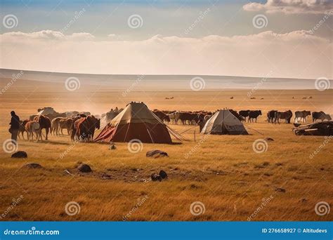 Nomadic Tribe Setting Up Camp On Windswept Plain With Tents And