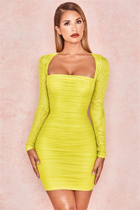 Clothing Bodycon Dresses Valentina Chartreuse Long Sleeved Ruched