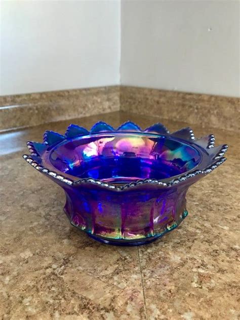 Vintage Carnival Footed Glass Bowl Iridescent Blue Excellent Etsy Counting Crows Blue
