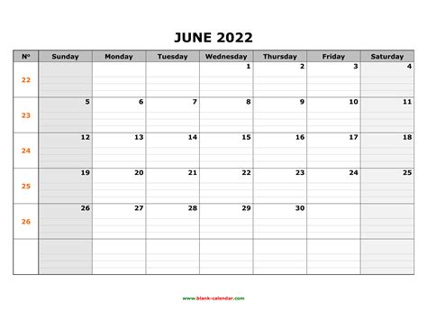 Free Download Printable June 2022 Calendar Large Box Grid Space For Notes