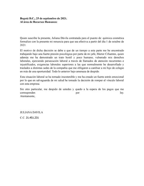 Carta De Renuncia Motivada Bogotá D 25 De Septiembre De 2021 Al