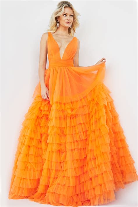 Jovani 07264 Orange Plunging Neckline A Line Gown