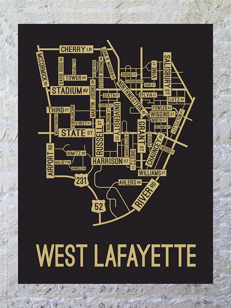 West Lafayette Indiana Street Map Poster School Street Posters
