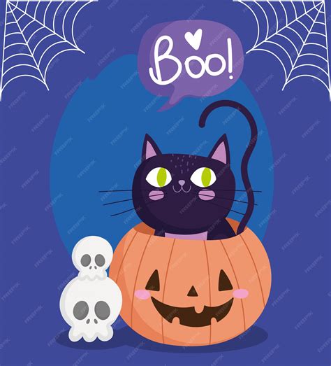 Premium Vector Happy Halloween Cat In Pumpkin Skulls Cobweb Trick Or