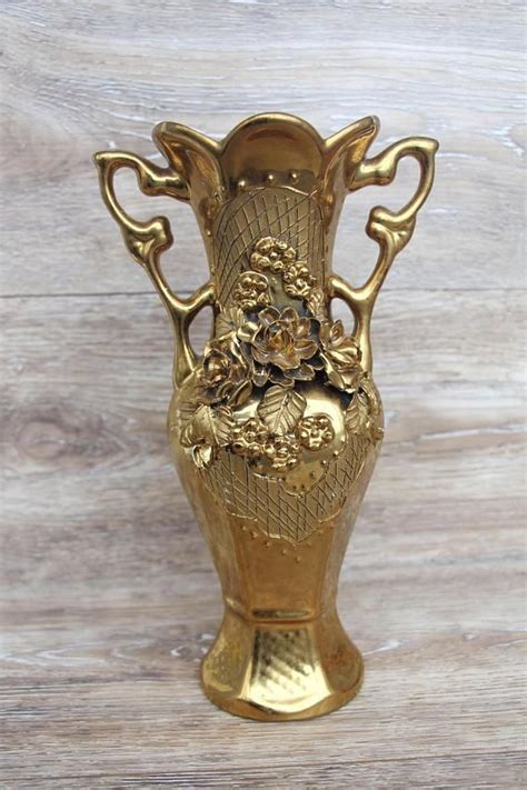 Vintage Gold Vase With Handles Decorative Vase Large Ceramic Etsy