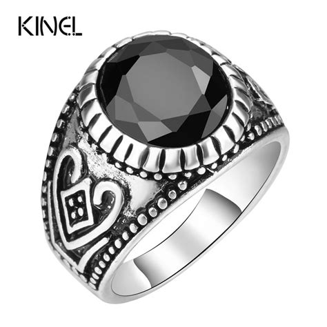 Kinel Men Jewelry Punk Black Ring Silver Color Round Resin Classical