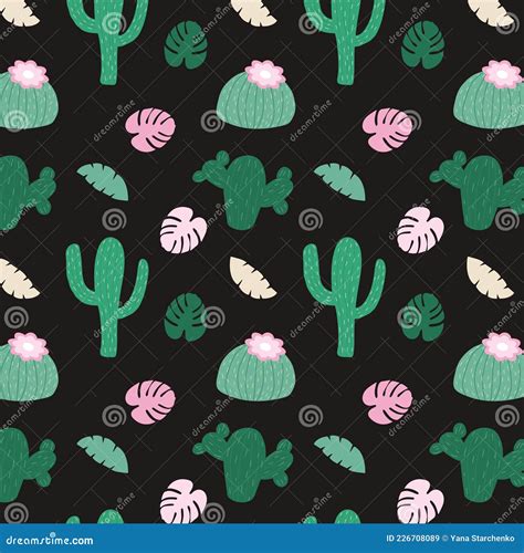 Seamless Pattern With Different Green Cacti And Leaves Stock Vector