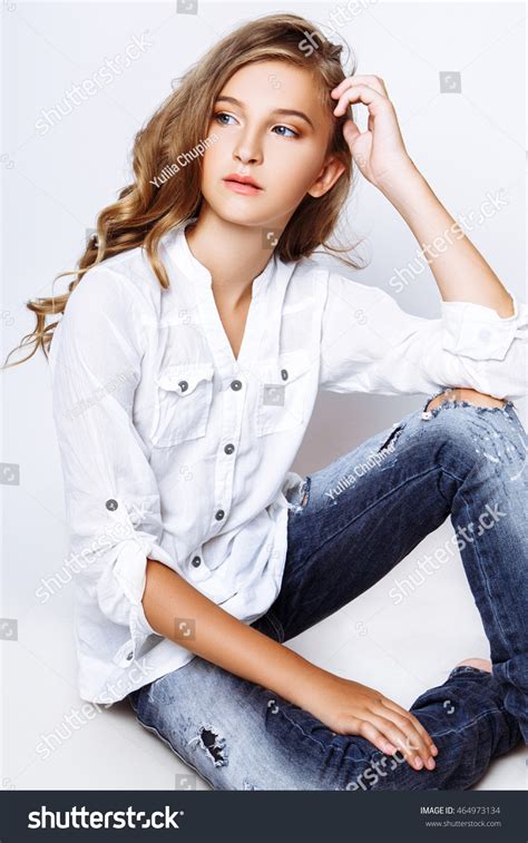 Beautiful Blondhaired 13years Old Girl Studio Stock Photo 464973134