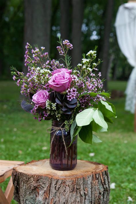 Purple Rose And Wax Flower Mason Jar Decoration Mason Jar Flower