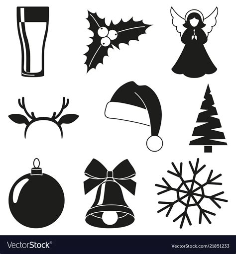 Black And White 9 Christmas Elements Set Vector Image