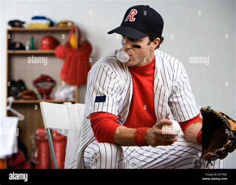 Baseball Player Blowing Bubble Gum Locker Room Stock Photo Alamy