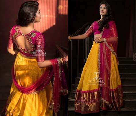 Half Saree Blouse Designs Half Saree Lehenga Lehenga Saree Design Saree Gown Lehenga Style