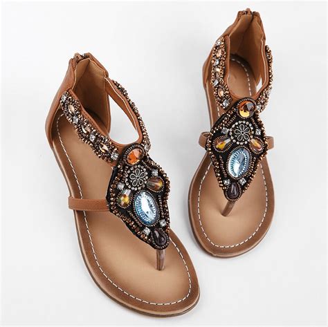 Bohemia Sandals Women Summer Boho Flat Heel Metallic Beads Rhinestone