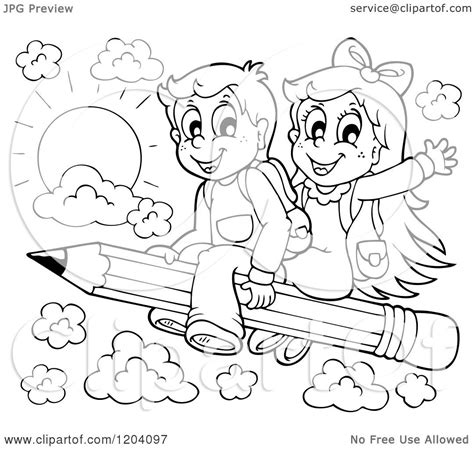 Cartoon Of Black And White Happy School Children Flying On A Pencil