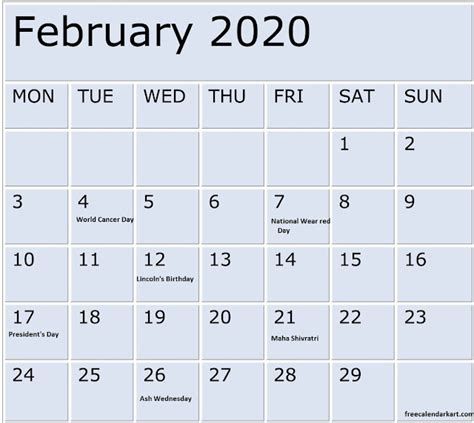 February 2020 Calendar With Holidays