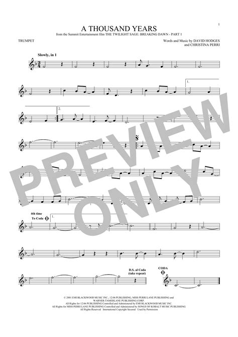 A Thousand Years Sheet Music Christina Perri Trumpet Solo