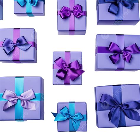 Blue Boxes With Purple Bows Christmas Presents Top View Surprise Gift