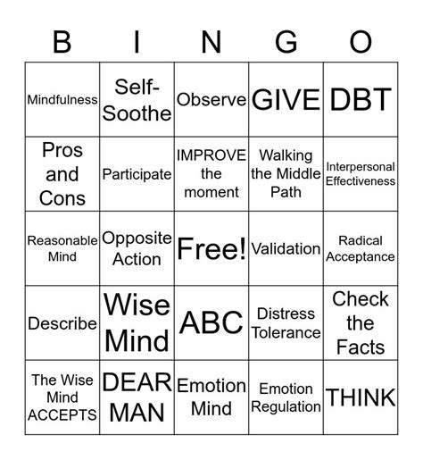 Dbt Skills Bingo Bingo Card With Wise Mind Dear Man