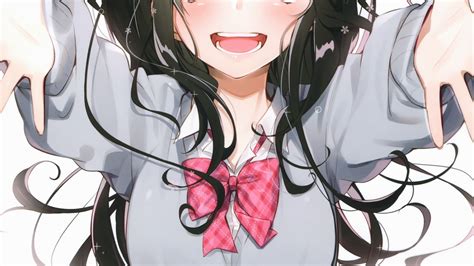 Download 1920x1080 Anime Girl Hug Smiling Black Hair School Uniform Wallpapers For