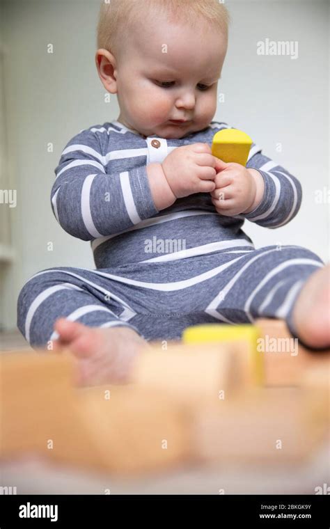 A Cute Little Baby Boy Playing With Wooden Blocks Baby Learning And
