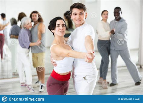 Hispanic Woman And Guy Practicing Slow Ballroom Dances In Pair Stock Image Image Of Activity