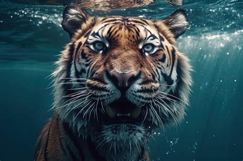 Premium Ai Image Tiger Swimming Underwater