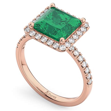 Princess Cut Halo Emerald And Diamond Engagement Ring 14k Rose Gold 3