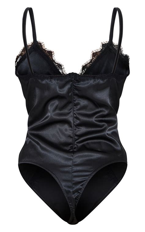 Black Satin Lace Trim Detail Bodysuit Tops Prettylittlething