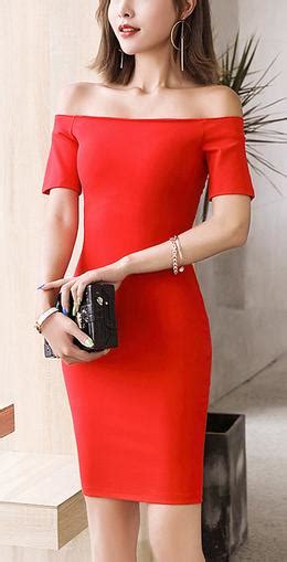 Hot Red Off Shoulder Tight Fitted Midi Dress Elegant