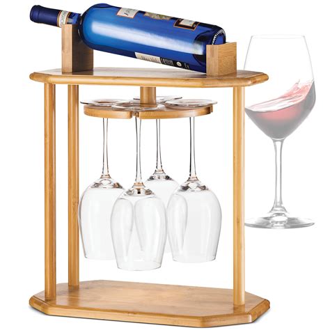 Premium Wooden Wine Rack And Wine Glass Holder 360° Swivel Free
