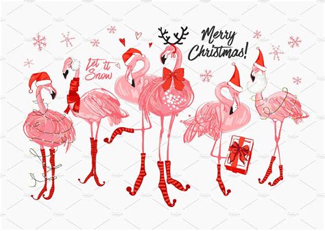 Tropic Christmas Flamingo Vector Set In 2022 Flamingo Christmas