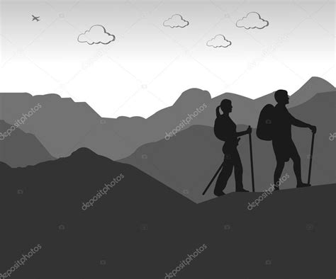Mountain Climbing Hiking Couple With Rucksacks Silhouette Stock Vector