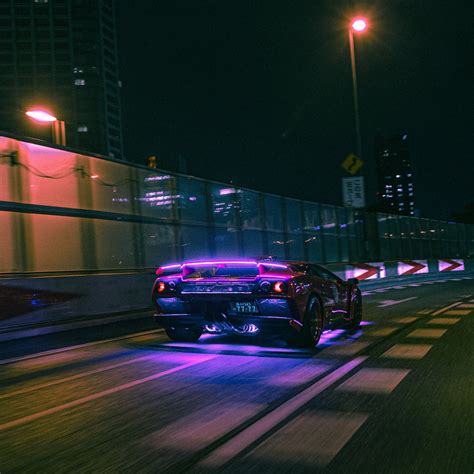 2048x2048 Lamborghini Neon Lights On Road 4k Ipad Air Hd