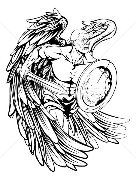 Splendid Black And White Angel Warrior With A Sword And A Shield Tattoo