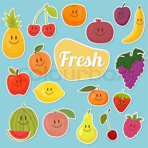 Set Of Fruits Stickers Cartoon Fruits Fresh And Juicy Stock Vector Colourbox