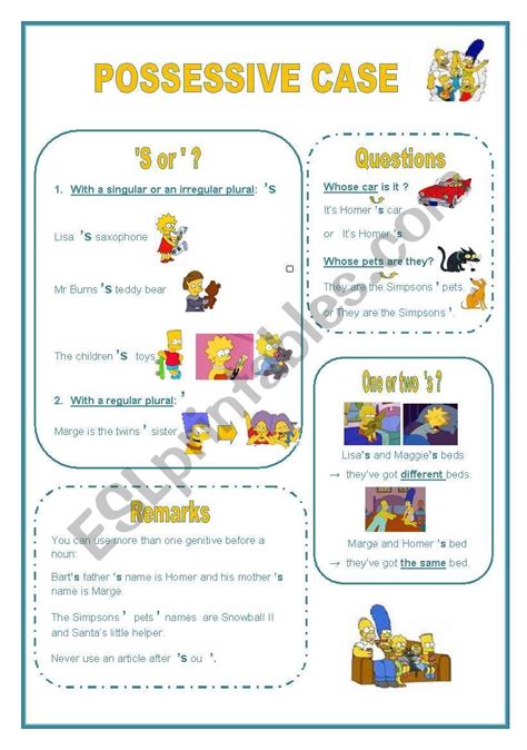 Possessive determiners for beginners esl. A complete explanation of the possessive case with the Simpsons: (´s or ´ ? , one or two ´s ...