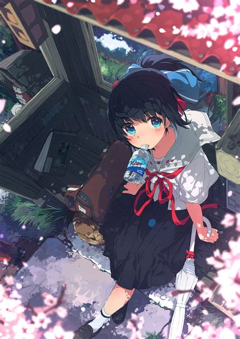 Hd Wallpaper Anime Anime Girls Black Hair Blue Eyes School Uniform