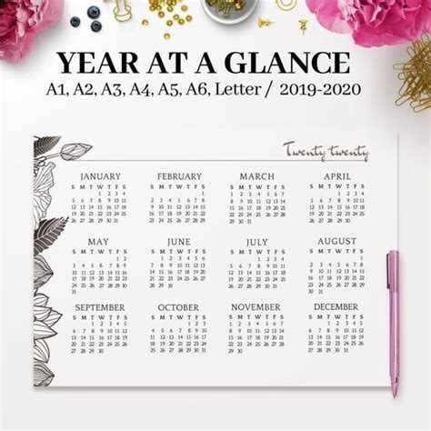 2021 2022 Year At A Glance Yearly Wall Calendar Printable Etsy