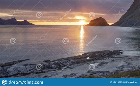 Sunset Beach Haukland Lofoten Islands In Norway Stock Image Image Of