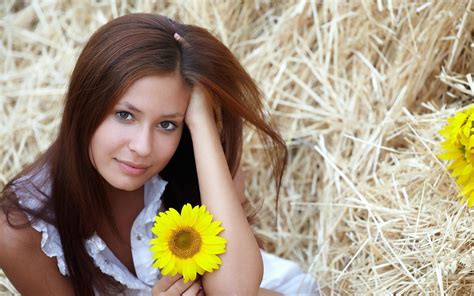 1920x1200 women model brunette long hair face smiling flowers white dress straw yellow flowers