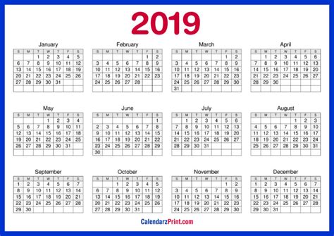 Printable 2019 Calendar Free Hd Electric Blue Calendarzprint Free