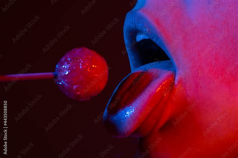 Close Up Lips With Lollipop Isolated Sexy Blowjob Sensual Mouth With